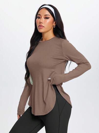 1pc Women's Outdoor Training, Running, Hiking, Walking Minimalist Side Slit Long Sleeve Fitness Yoga Top, All Season