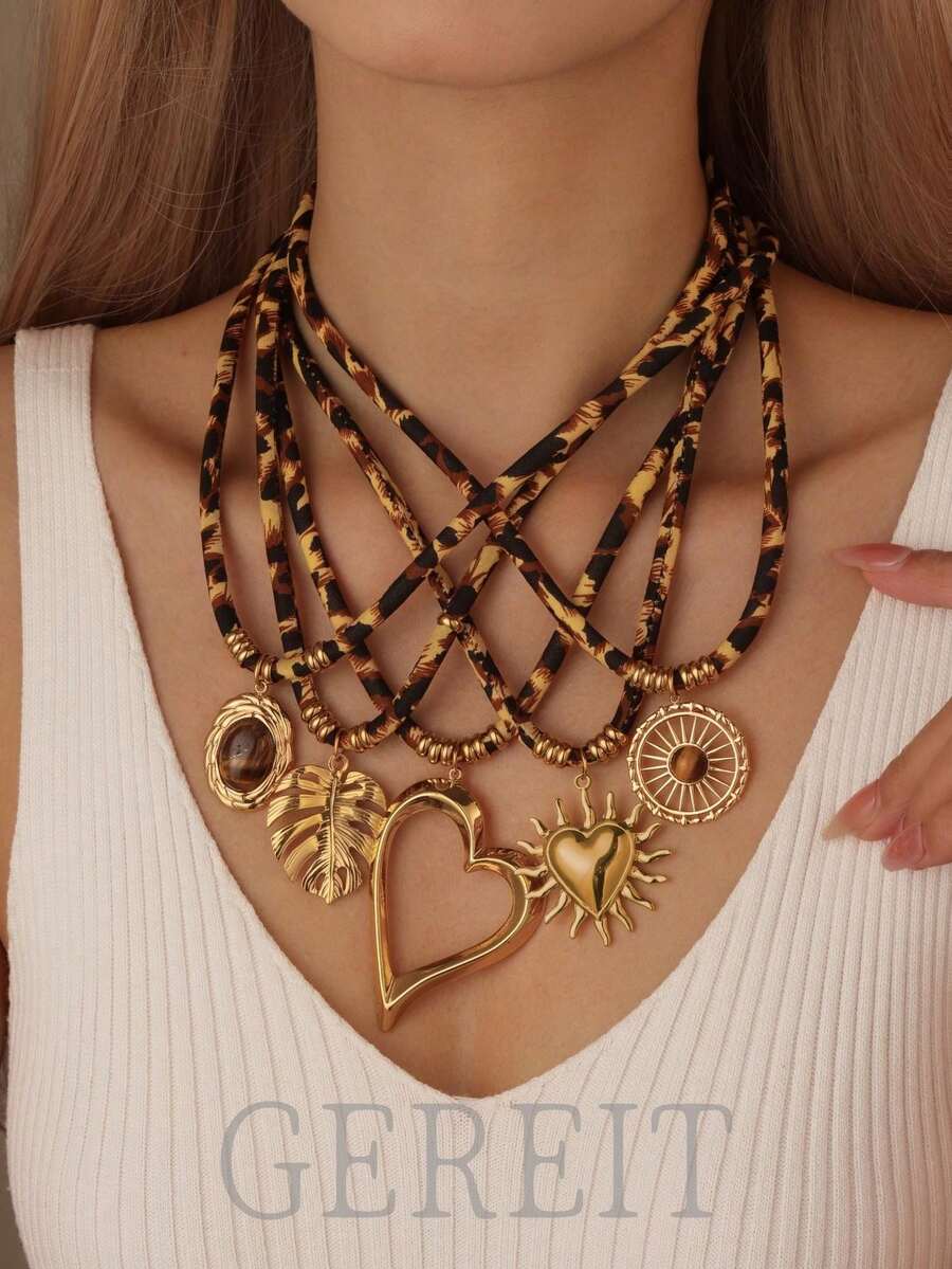 GEREIT 1 chiếc dây chuyền mặt hình rùa và tre bằng thép không gỉ 18K in họa tiết da báo, thanh lịch, phù hợp cho nữ, đeo hàng ngày, làm quà tặng bạn bè, quà tặng Ngày của Mẹ. - Monstera deliciosa - Xem 1