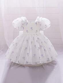 Baby Girls Puff Sleeve Colorblock Bow Print Satin Cute Birthday Dress Suitable For Vacation, No Headband No Bag - Mauve Purple - View 6