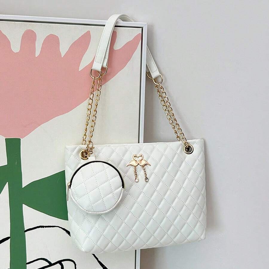 2 Stücke/Set koreanischer minimalistischer hochwertiger Rhombus gesteppter bestickter Blumen Damen Schulter Unterarm Handtasche Shopper - Weiss - Übersicht 1