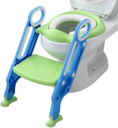 Asiento Entrenador para Inodoro Acolchonado con Escalera (Verde/Azul)