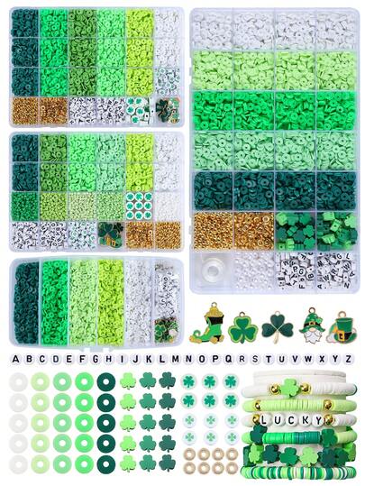 Aziz Patrick Günü Polimer Kil Boncuk Seti, Yeşil Polimer Kil Boncuk Seti, Takı Yapımı, Kendin Yap Bileklikler, Kolyeler, Küpeler ve El Sanatları İçin Uygun, Aziz Patrick Günü Dostluk Hediyesi