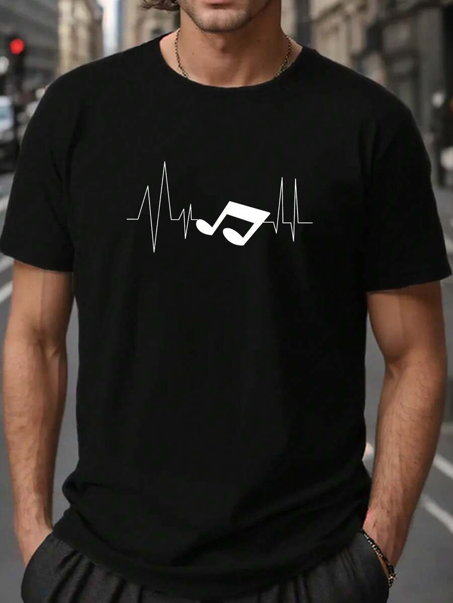 Camiseta de Verano de Manga Corta para Hombres Grandes y Altos - ECG; Diseño Gráfico de Nota Musical Camiseta casual de corte holgado retro. Top de Talla Transpirable y Lavable aáquina para Actividades al Aire Libre. Camiseta gráfica de ECG - Negro - Ver 1