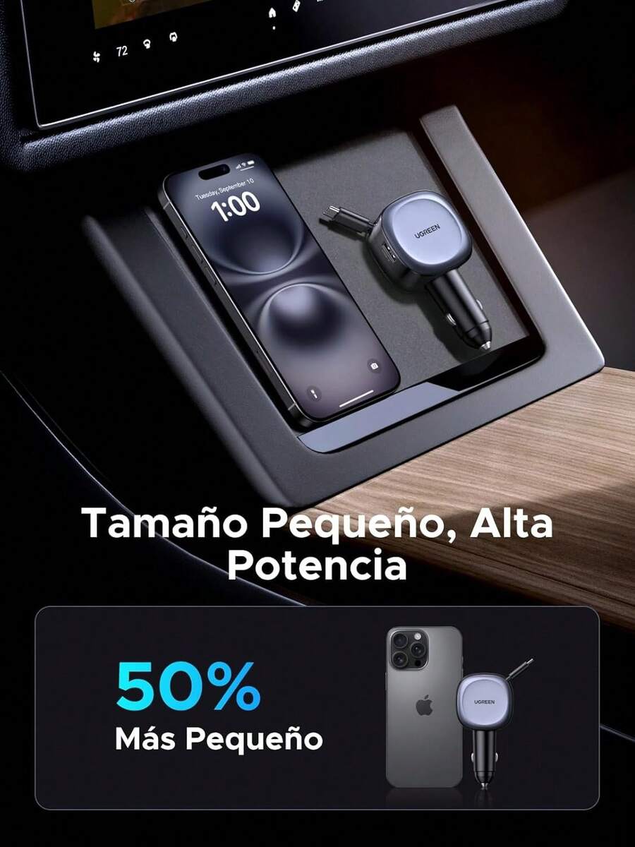 75W Cargador de Coche con Retráctil USB C 60W, 3 en 1 Cargador para Auto Carga Rápida, Adaptador de Coche Compatible con 17 16 15 Pro, Pixel 10, S25 Ultra - 1 - Ver 1