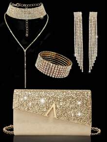 Shiny Sequin Evening Bag And Prom Bag, Fashionable New Women's Party Bag With V-Shaped Bridal Wedding Design, Paired With A Sparkling Three Pieces Evening Rhinestone Jewelry Set: Delicate Y-Shaped Chain Rhinestone Pendant Necklace, Earrings, And Bracelet, Suitable For Girls Attending Parties, Weddings, And Evening Events. - Gold - View 1