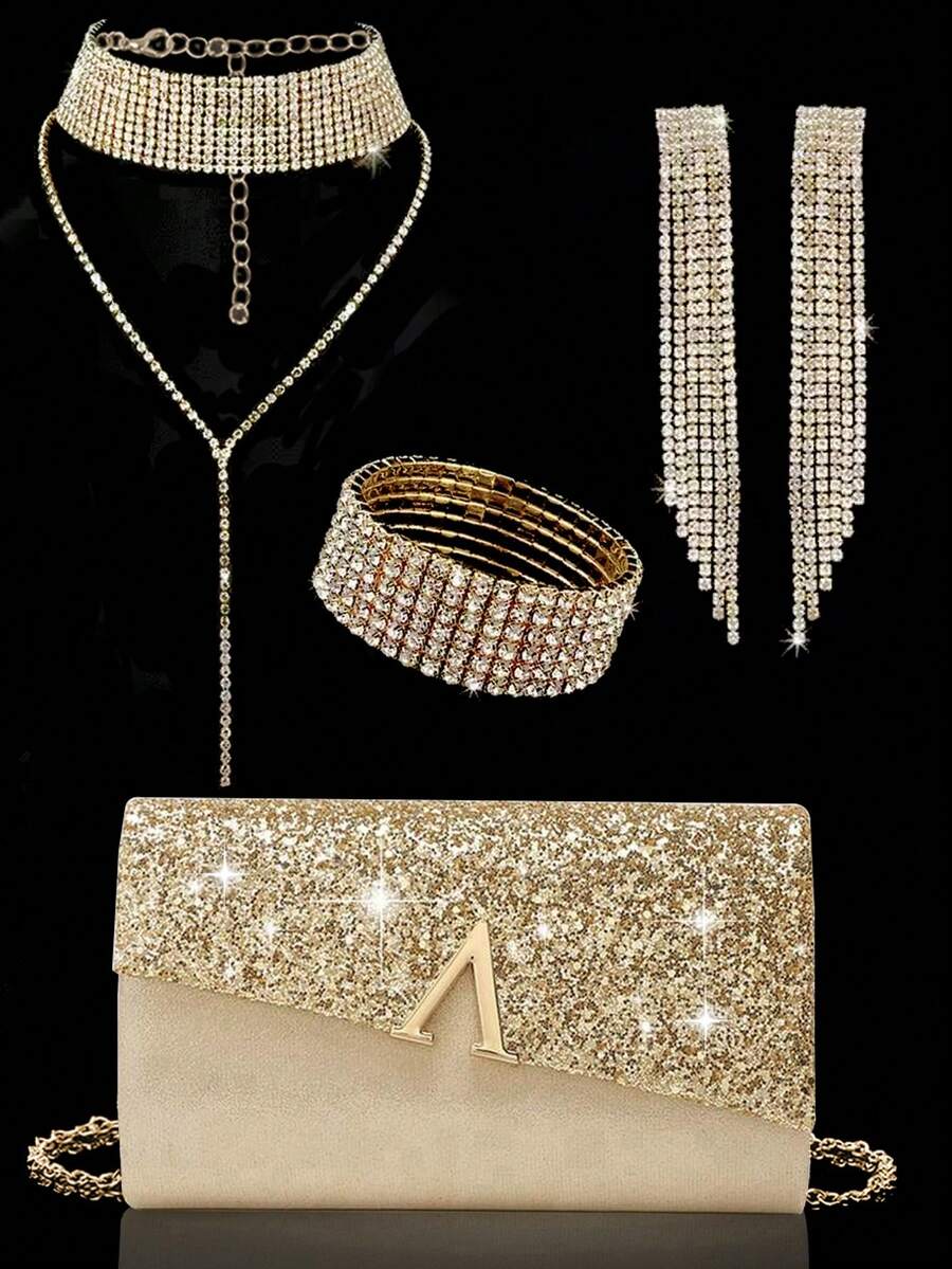 Shiny Sequin Evening Bag And Prom Bag, Fashionable New Women's Party Bag With V-Shaped Bridal Wedding Design, Paired With A Sparkling Three Pieces Evening Rhinestone Jewelry Set: Delicate Y-Shaped Chain Rhinestone Pendant Necklace, Earrings, And Bracelet, Suitable For Girls Attending Parties, Weddings, And Evening Events. - Gold - View 1