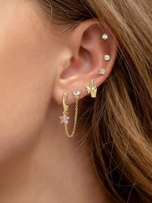 5 pièces Ensemble de boucles d'oreilles simples pour femmes avec fleur, papillon et gland ornés de zirconium, mode et raffiné - Or jaune - Voir 1