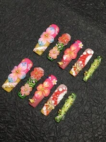 10片4.5厘米手工方形假指甲，饰以水钻、圆点和花瓣，适合女性和女孩，可用于聚会、节日和日常佩戴，可作为美甲贴纸套装使用。美甲配件，亚克力美甲套装，包含套装、手工压制美甲贴片、假指甲贴纸和美甲用品。手工按压式美甲贴片 - 彩色 - 查看 4