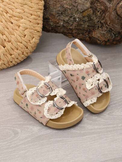 1 Pair Ballet Style Girls' Sandals, New Summer Floral Open Toe Beach Shoes, Princess Shoes