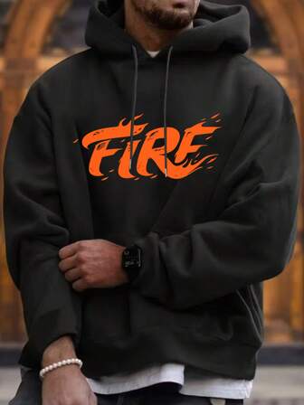 Sudadera con capucha térmica negra de talla grande para hombre, con estampado universitario, para uso casual al aire libre, otoño/invierno