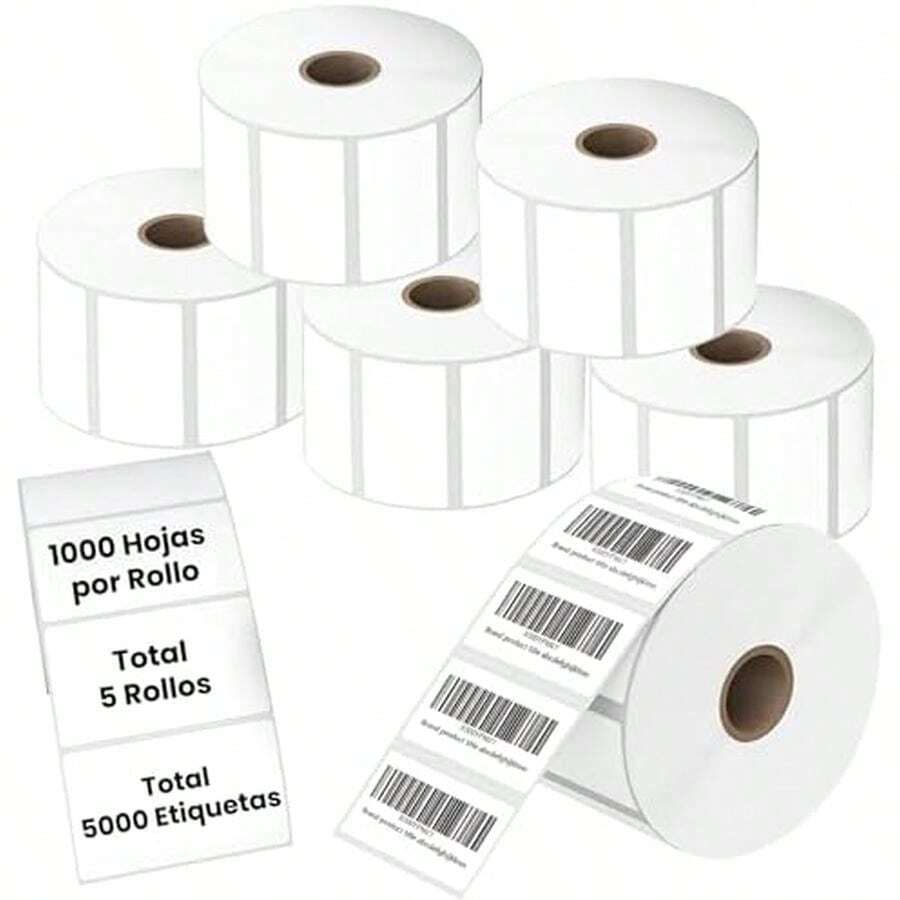 5 Rollos - Etiqueta Térmica 2x1 (51x25 mm) para impresoras Ribetec Zebra TSC, Etiquetas de Código de Barras, Inventario, Full, FBA, 1000 Hojas por Rollo - / - Ver 1