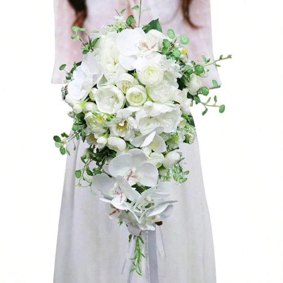 zxr Ramo de Novia Con Forma de Gota de Agua - Flores Artificiales Rosa Orquídea y Mariposa - Para Boda y Dama de Honor125 - Phalaenopsis blanca - Ver 1