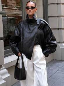 女士时尚仿皮夹克，长袖带口袋和拉链，复古高街新款外套 - 黑色 - 查看 3