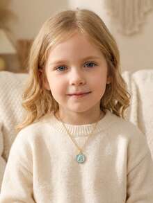 5-Color Classic Fashion Petite Delicate Letter Round Pendant Necklace, Suitable For Children, Popular For Party, Street, Summer Beach Holiday And Daily Wear - Blue - View 5