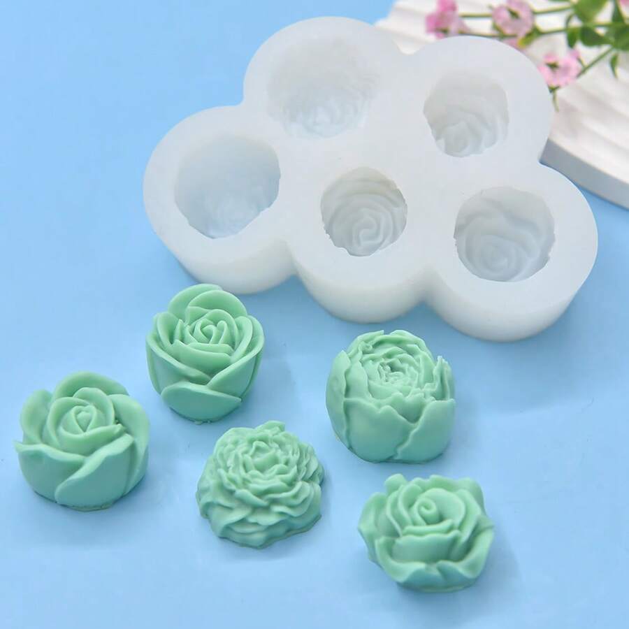 1个5孔玫瑰花硅胶模具，适用于制作蜡烛、粘土工艺品 - 白色 - 查看 1