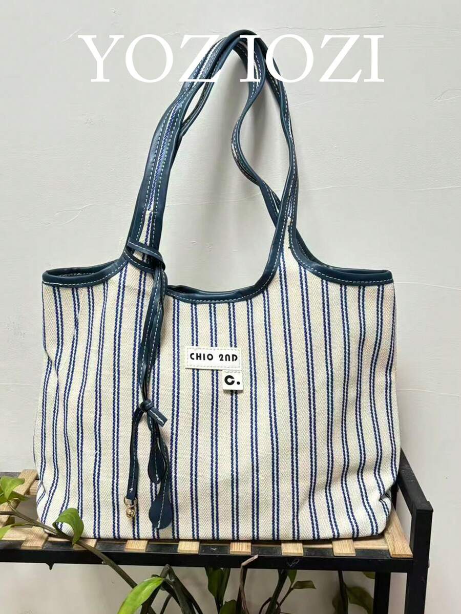Back To School Season Korean Style Blue & White Striped Tote Bag, Large Capacity Casual Shoulder Bag For Daily, Commute, Shopping, Versatile - Multicolor - View 1