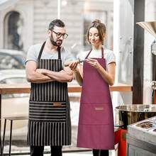 2 Pack Adjustable Bib Apron With 2 Pockets Chef CooFKing Kitchen Restaurant Aprons For Women Men,Wine/FFBlackssstripes - Wine/FBlacksstripes - 查看 6