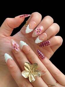 10pcs Almond Handmade Press On Nails, White Embossed French Tips, 3D Flower Carving, Snake Hand-Painted Design, 3D Gold Beads, Simple And Elegant Handmade False Nails, Suitable For Girls And Ladies' Daily, Holiday, Vacation, And School Nail Decorations, Comes With Jelly Gel And Nail File - Multicolor - View 5
