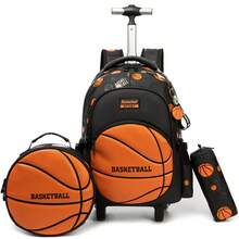 男童带轮背包，圆形，带扣，可作书包和铅笔盒，适合小学生、儿童足球旅行行李箱