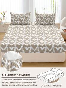 蓬松柔软2/3件套床笠套装，包含床笠、床垫保护套，防皱透气，深口袋设计，抗起球，弹力十足，静音防滑，适用于各种尺寸的床，家居宿舍卧室装饰，可机洗，亲肤舒适，四季皆宜，易于打理，现代简约风格，心形印花 - 彩色 - 查看 4