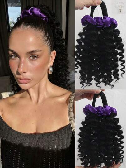 1pc 8 Inch Ponytail Extension [Curly Ponytail + White/Orange/Red/Yellow/Blue/Green/Purple/Rose Red Satin Hair Tie], Women's And Children's Wig, Synthetic Ponytail Curly Hair Extension, With Elastic Hair Tie, Suitable For Daily Wear, Christmas Gifts, Prom Wigs And Accessories.