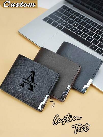 Billetera plegable de hombre de unicolor con estampado de letras, hecha de cuero PU, diseño minimalista con múltiples ranuras para tarjetas, personalizable, regalo ideal para hermano, padre, novio, aniversario, Día del Padre, Navidad, Día de San Valentín