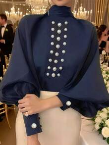 女士优雅灯笼袖上衣，饰有珍珠，时尚宽松系带腰身设计，适合派对、办公场合穿着。 - 藏蓝色 - 查看 1