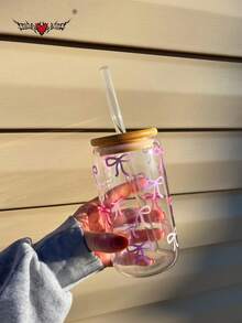 1 Set/With Lid & Straw Purple Bow Iced Coffee Glass Straw Cup, Cold Drink Juice Straw Cup, Hot Drink Straw Cup, Outdoor Travel Large Capacity Water Bottle, Exquisite Cute Milk Tea Cup, High Quality Juice Cup, High Temperature Baked Printed Design Won't Peel Off, Machine Washable - Best Gift Choice - Multicolor - View 13