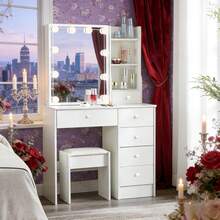 White Dressing Table LED Vanity Stool Set Makeup Desk W/ Mirror 10 Light &Drawer - 白色 - 查看 6