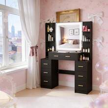 Large Black Dressing Table With Smart LED Mirror 7 Drawers Makeup Vanity Desk UK - Black - View 2
