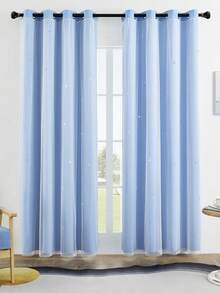 1pc Hollow Star Double Layer Voile Curtain, Top Grommet Curtain With Cute Perforated Star Design, Sheer Curtain For Bedroom, Living Room, Themed Room And Holiday Party Decor - 藍色 - 查看 2