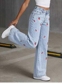 Tween Girl' Elastic Waist Washed Wide Leg Jeans With Embroidered Pattern, & Versatile - Light Wash - View 1
