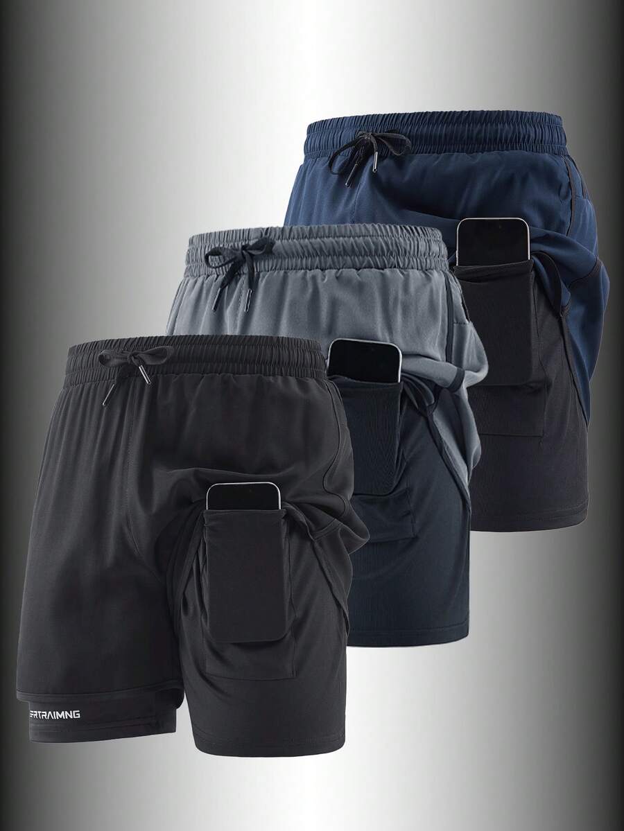 Solid Color Sports Shorts For Spring/Summer, Non-SlipDouble Layer Unisex Running/Outdoor Fitness Shorts,Lightweight Loose Casual Pants Black - Black - View 1