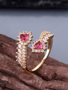 1pc Fashionable & Elegant Cubic Zirconia Heart-Shaped Women's Ring - Burgundy, Red Heart Design, Wheat Ear Shape, Suitable For Daily Wear And Gift - Wheat Ear Ring - View 5