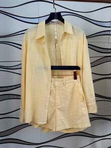 Linen Shirt And Shorts Set (2 Pieces) - Yellow - View 4