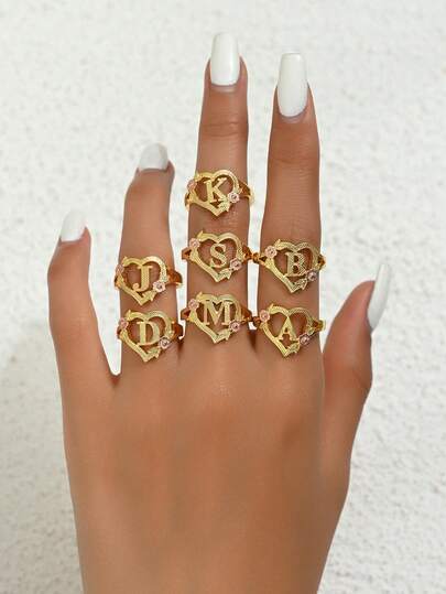 Fashionable Luxury Sweet Pastoral Style Heart Lace Hollow Rose Dual-Tone 26 Letter A-Z Surname Ring, Charming Decorative Jewelry