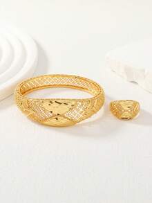 2pcs/Set Copper Jewelry Set For Women Including 1pc Bangle And 1pc Ring - Yellow Gold - View 4