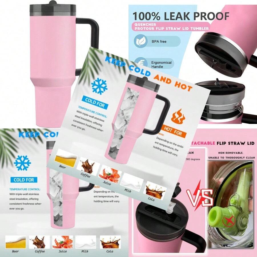 40 Oz Tumbler With Handle Quenchers ProTour Detachable Flip Straw Lid TumblerVacuum Insulated Tumblers With Top Leak Proof Lids And Flip Straw Reusable Insulated Cup Massey Powder 40 Oz - 杏色 - 查看 1