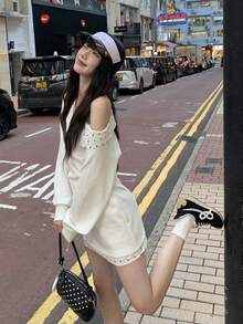 Y6Y 2-Piece Set: Polka Dot Splice Design Asymmetrical Shoulder Long Sleeve Top And High Waist Bodycon Mini Skirt, Soft Korean Style, New Arrival Autumn/Winter 2025