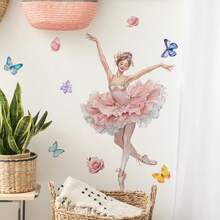 Contemporary Pink Ballet Dancer Wall Decal With Butterflies - PVC Self-Adhesive Wall Sticker For Home Decor, Single Use, Elegant Room Accent|Elegant Room Accent|Easy Installation, Ballet Room Decor - Multicolor - View 1