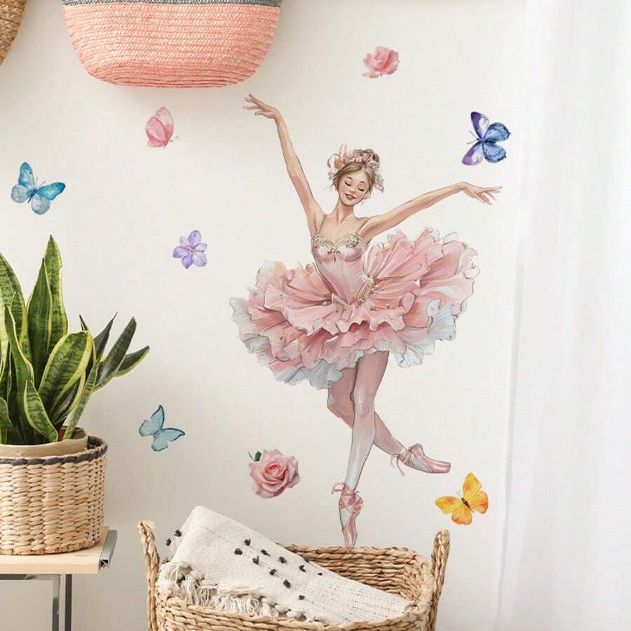 Contemporary Pink Ballet Dancer Wall Decal With Butterflies - PVC Self-Adhesive Wall Sticker For Home Decor, Single Use, Elegant Room Accent|Elegant Room Accent|Easy Installation, Ballet Room Decor - Multicolor - View 1