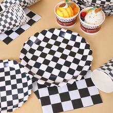1 Set Black & White Checkered Petal Shaped Disposable Plates, Napkins, Cups, Tablecloth And Banners, Party Supplies Set For 16 Guests, Suitable For Birthday, Wedding, Theme Party, Family Picnic - Multicolor - View 5