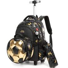男童带轮背包，圆形，带扣，可作书包和铅笔盒，适合小学生、儿童足球旅行行李箱