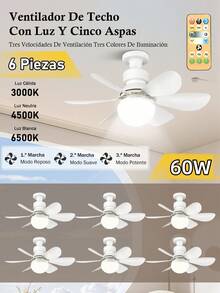 Ventilador de techo con luz y control remoto, Ventilador de techo LED regulable de 60 W con enchufe E27, Ventilador de techo para dormitorio, sala de estar, 6 aspas, 3 velocidades, temporizador,Lámpara de araña con entrada de ventilador E27 20,5 pulgadas (185 mm * 520 mm) Velocidad y luz ajustables 60 vatios Ahorro de energía 3000-6500K 6 cuchillas - 6 piezas - Ver 12