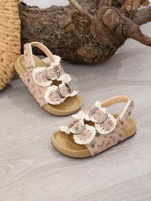1 Pair Ballet Style Girls Sandals, New Summer Kids Ditsy Floral Toddler Open Toe Beach Shoes, Princess Shoes - Pink - View 4
