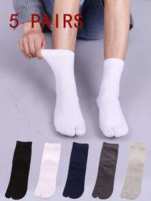 5 Pairs Men's Solid Color Cotton Toe Separator Mid-Calf Socks, Moisture-Wicking Breathable Sports Socks