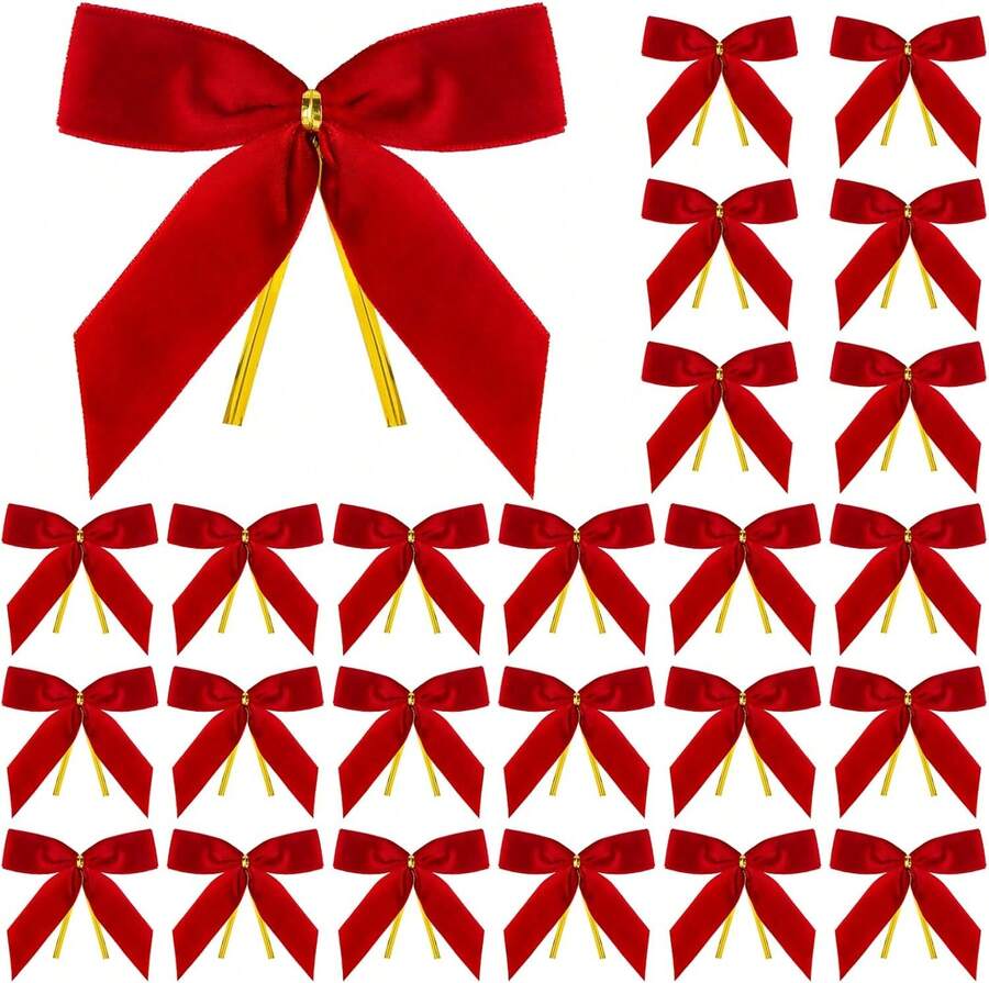 Mauproy 24 Pcs Pink Velvet Bows For Christmas Tree, 3.7" X 3.7" Pre-Made Small Bows Drations With Twist Ties For Xmas Trees, Wreaths, Gift Wrappings, Crafts - Màu đỏ - Xem 1