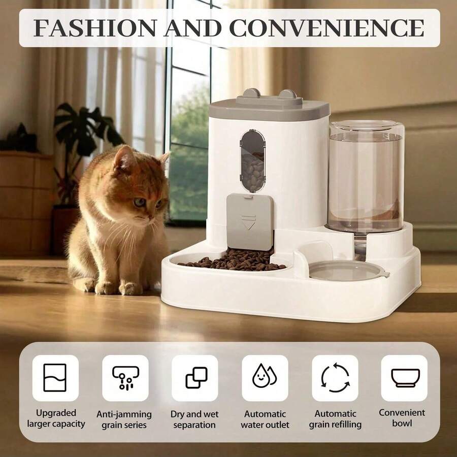 A Set Of Automatic Feeder And Waterer, 2 In 1 Automatic Cat Waterer Set, Cat Waterer, Cat Feeder, Cat Food Dispenser, Gift For Cat And Dog Lovers, Easy Feeding, Large Capacity, Detachable, Washable, Automatic Feeding Station, Indoor Cat Food Bowl. Suitable For Cats And Dogs Drinking Water, Feeding - 1500毫升 - 查看 1