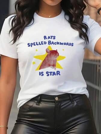 Plus Size Women's Daily "RATS SPELLED BACKWARDS IS STAR" Printed T-Shirt, Featuring The English Phrase, A Red Rat Graphic, And A Yellow Star Background Round Neck Short Sleeves Casual Spring/Summer/Fall Women's Plus-Size Short-Sleeved T-Shirt Going Out Tops Women,Vacation Outfits Women