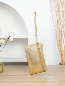 Women's Fashion Wrist Pouch, Caviar Gold PU Clutch Wallet, Multi-Compartment Convenient Long Coin Purse Phone Organizer, Versatile Evening Bag - Gold - View 4